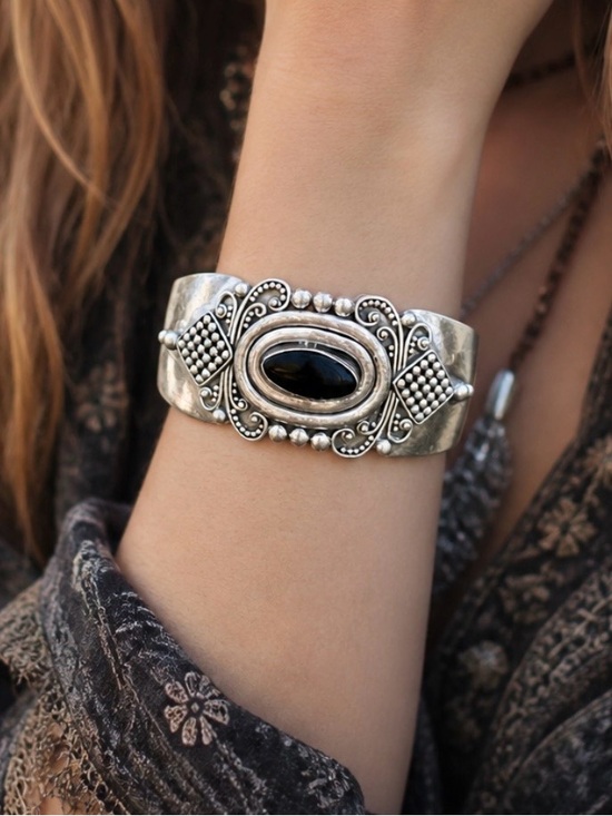 Estate Jewelry - Vintage ornate sterling silver black onyx cuff bracelet